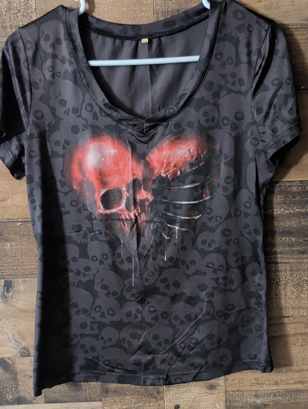 Women's Black Tee with Red Skull Heart Graphic